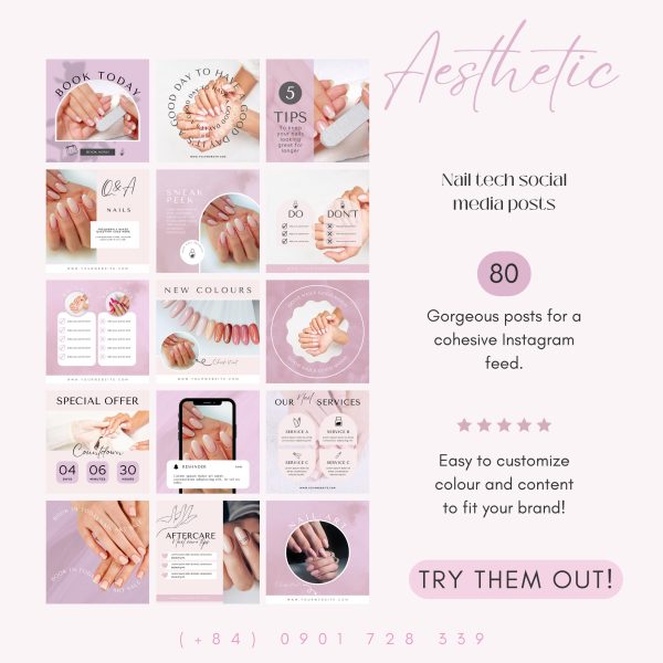 (EN )80 Nail Instagram Social Media Post Templates - Editable Canva Templates - Hình ảnh 3